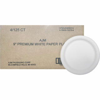 AJM Coated Paper Dinnerware Plates, 9" Diameter Plate, Paper Plate, Disposable, White, 125 Piece(s)/Pack (AJMCP9AJCWWH1)