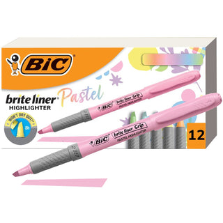 BIC® Brite Liner Grip Pastel Highlighters - Chisel Marker Point Style - Pastel Yellow, Pastel Pink, Pastel Blue, Pastel Green, Pastel Purple, Pastel Orange - 1 Dozen (BICGBLD11AST)
