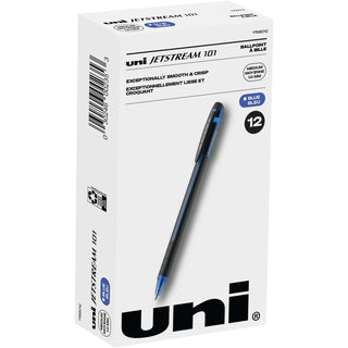 uni® Jetstream 101 Roller Ball Pen, Stick, Bold 1 mm, Blue Ink, Black/Blue Barrel, Dozen (UBC1768012)