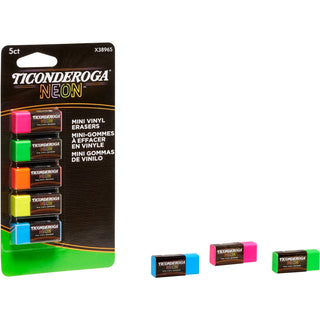 Ticonderoga® Neon Mini Erasers - Neon Pink, Neon Green, Neon Orange, Neon Yellow, Neon Blue - Vinyl - 5 / Pack - Latex-free, Soft, Smudge-free, Residue-free, Non-abrasive, Non-tearing, Non-toxic (DIXX38965)