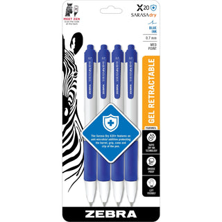 Zebra® SARASA dry X20+ Gel Retractable Antimicrobial Pens, Blue Gel-based Ink, Plastic Barrel, 4/Pack (ZEB41624)