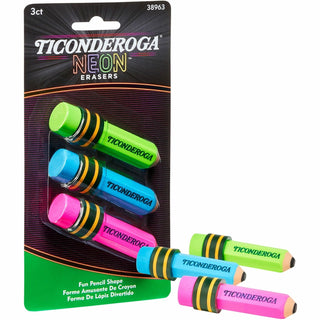 Ticonderoga® Style Eraser - Neon Assorted - Assorted - Pencil - 3 Each - Latex-free, Non-toxic, Smudge-free (DIXX38963)