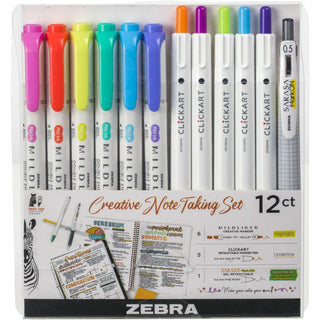 Zebra® Creative Note Taking Set, Fine Pen Point, Fine Marker Point, Chisel, Bullet Marker Point Style, Assorted Gel-based Ink, 12/Pack (ZEB12012)