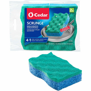 O-Cedar Scrunge Non-Scratch Scrub Sponge, 4.2" Width x 2.6" Depth x 4.2" Length, 2/Pack, Cellulose, Synthetic Fiber, Multi, Blue, Green (FHP169431)