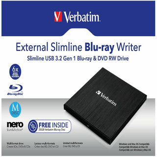 Verbatim Blu-ray Writer, External, 1, Black, BD-R, CD-R, DVD+R, DVD-R Support/24x CD Write/6x BD Write/8x DVD Write, USB 3.2 Gen 1, USB 2.0, Slimline, BUS Powered (VER43890)