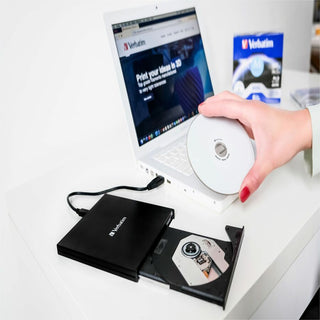 Verbatim Blu-ray Writer, External, 1, Black, BD-R, CD-R, DVD+R, DVD-R Support/24x CD Write/6x BD Write/8x DVD Write, USB 3.2 Gen 1, USB 2.0, Slimline, BUS Powered (VER43890)