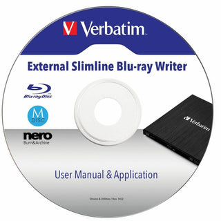Verbatim Blu-ray Writer, External, 1, Black, BD-R, CD-R, DVD+R, DVD-R Support/24x CD Write/6x BD Write/8x DVD Write, USB 3.2 Gen 1, USB 2.0, Slimline, BUS Powered (VER43890)