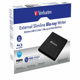 Verbatim Blu-ray Writer, External, 1, Black, BD-R, CD-R, DVD+R, DVD-R Support/24x CD Write/6x BD Write/8x DVD Write, USB 3.2 Gen 1, USB 2.0, Slimline, BUS Powered (VER43890)