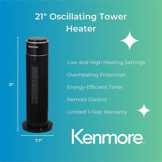 Kenmore 21" Oscillating Tower Heater, 2 x Heat Settings, Black (ESMKM65010BK)