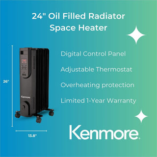 Kenmore 24" Oil-Filled Radiator Space Heater, Oil Filled, 1500 W, Black (ESMKM65019BK)