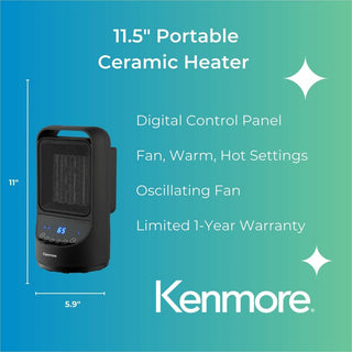 Kenmore 11-1/2" Portable Ceramic Heater, Ceramic, 3 x Heat Settings, Black (ESMKM65015BK)