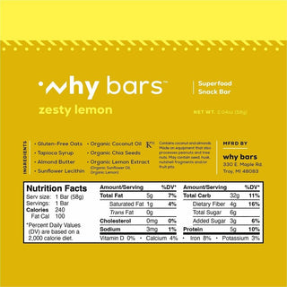 Why Bars Superfood Protein Snack Bars, Gluten-free, Dairy-free, Soy-free, Non-GMO, Individually Wrapped, Zesty Lemon, 2.04 oz, 12/Pack (WHYWB7)
