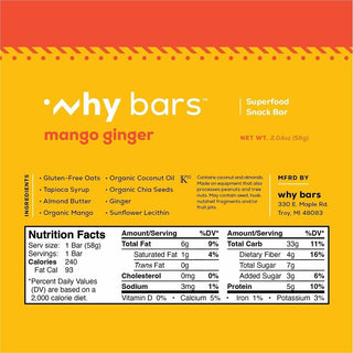 Why Bars Superfood Protein Snack Bars, Gluten-free, Dairy-free, Soy-free, Non-GMO, Individually Wrapped, Mango Ginger, 2.04 oz, 12/Pack (WHYWB5)