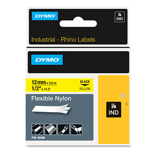 DYMO® Rhino Flexible Nylon Industrial Label Tape, 0.5" x 11.5 ft, Yellow/Black Print (18490)