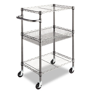Alera® Three-Tier Wire Cart with Basket, 28w x 16d x 39h, Black Anthracite (ALESW342416BA)