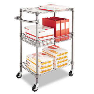 Alera® Three-Tier Wire Cart with Basket, 28w x 16d x 39h, Black Anthracite (ALESW342416BA)