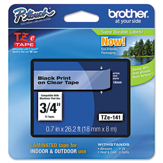 Brother TZe Standard Adhesive Laminated Labeling Tape, 0.7" x 26.2 ft, Black on Clear (BRTTZE141)