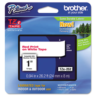 Brother TZe Standard Adhesive Laminated Labeling Tape, 0.94" x 26.2 ft, Red on White (BRTTZE252)