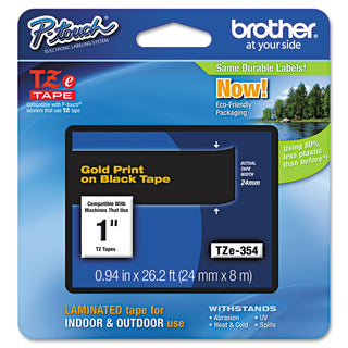 Brother TZe Standard Adhesive Laminated Labeling Tape, 0.94" x 26.2 ft, Gold on Black (BRTTZE354)