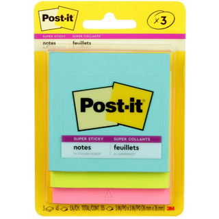 Post-it® Note Pads, 3&quot;x3&quot;, 3 Pads, Blue/Purple/Yellow (MMM3321SSAN)