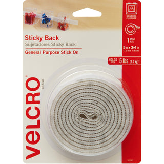 VELCRO® Sticky-Back Fasteners with Dispenser, Removable Adhesive, 0.75" x 5 ft, White (VEK90087)