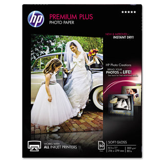 HP Premium Plus Photo Paper, 80 lbs., Soft-Gloss, 8-1/2 x 11, 50 Sheets/Pack (HEWCR667A)