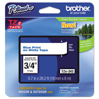 Brother TZe Standard Adhesive Laminated Labeling Tape, 0.7" x 26.2 ft, Blue on White (BRTTZE243)