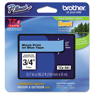 Brother TZe Standard Adhesive Laminated Labeling Tape, 0.7" x 26.2 ft, Black on Blue (BRTTZE541)
