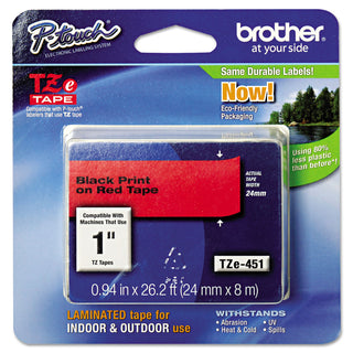 Brother TZe Standard Adhesive Laminated Labeling Tape, 0.94" x 26.2 ft, Black on Red (BRTTZE451)