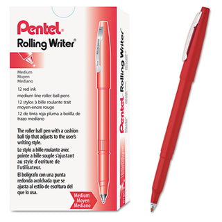 Pentel® Rolling Writer Stick Roller Ball Pen, Medium 0.8mm, Red Ink/Barrel, Dozen (PENR100B)