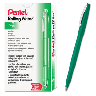 Pentel® Rolling Writer Stick Roller Ball Pen, Medium 0.8mm, Green Ink/Barrel, Dozen (PENR100D)