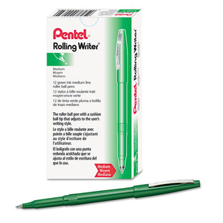 Pentel® Rolling Writer Stick Roller Ball Pen, Medium 0.8mm, Green Ink/Barrel, Dozen (PENR100D)