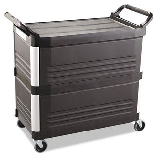 Rubbermaid® Commercial Xtra Utility Cart with Enclosed Sides and Back, Plastic, 3 Shelves, 300 lb Capacity, 20" x 40.63" x 37.8", Black (4093BK)