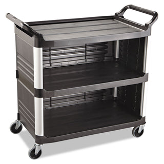 Rubbermaid® Commercial Xtra Utility Cart with Enclosed Sides and Back, Plastic, 3 Shelves, 300 lb Capacity, 20" x 40.63" x 37.8", Black (4093BK)