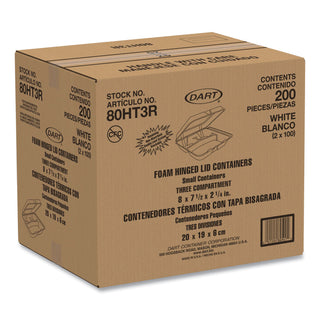 Dart® Carryout Food Container, Foam, 3-Comp, White, 8 x 7 1/2 x 2 3/10, 200/Carton (DRC80HT3R)