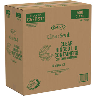 Dart® ClearSeal Hinged-Lid Plastic Containers, 6 x 5 4/5 x 3, Clear, 500/Carton (DCCC57PST1)