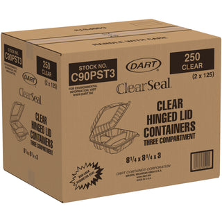 Dart® ClearSeal Hinged-Lid Plastic Containers, 8 1/4 x 3 x 8 1/4, Clear 125/PK 2 PK/CT (DCCC90PST3)