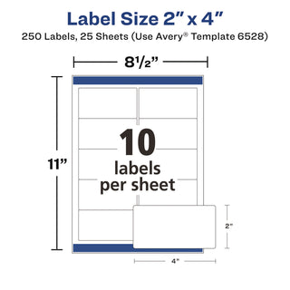 Avery® Glossy White Easy Peel Mailing Labels w/ Sure Feed Technology, Laser Printers, 2 x 4, White, 10/Sheet, 25 Sheets/Pack (AVE6528)