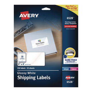 Avery® Glossy White Easy Peel Mailing Labels w/ Sure Feed Technology, Laser Printers, 2 x 4, White, 10/Sheet, 25 Sheets/Pack (AVE6528)
