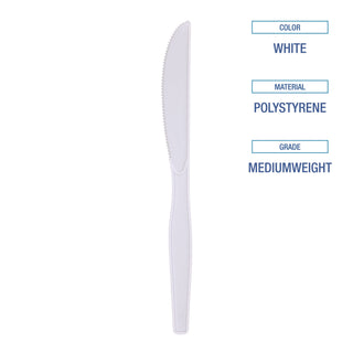 Boardwalk® Mediumweight Polystyrene Cutlery, Knife, White, 10 Boxes of 100/Carton (BWKKNIFECT)