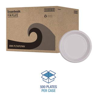 Boardwalk® Hi-Impact Plastic Dinnerware, Plate, 9" dia, White, 500/Carton (BWKPLTHIPS9WH)