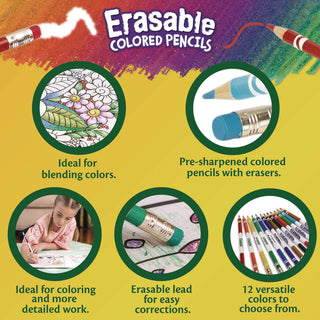Crayola® Erasable Color Pencil Set, 3.3 mm, 2B (#1), Assorted Lead/Barrel Colors, Dozen (CYO684412)