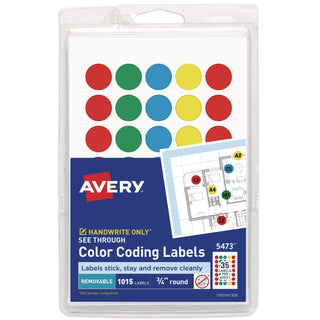 Avery® Handwrite-Only Self-Adhesive "See Through" Removable Round Color Dots, .75" dia., Assorted Colors, 35/Sheet, 29 Sheets/Pack (AVE5473)
