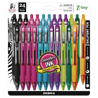 Zebra® Z-Grip Retractable Ballpoint Pen, 1mm, Assorted Ink, Clear Barrel, 24/Pack (ZEB12271)