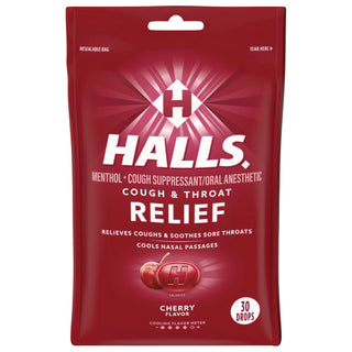HALLS Triple Action Cough Drops, Cherry, 30/Bag, 12 Bags/Box (CDB27499)