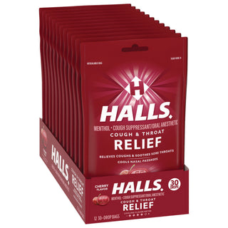 HALLS Triple Action Cough Drops, Cherry, 30/Bag, 12 Bags/Box (CDB27499)