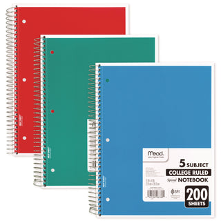 Mead® Spiral Notebook, 5 Subjects, Medium/College Rule, Assorted Color Covers, 11 x 8, 200 Sheets (MEA06780)