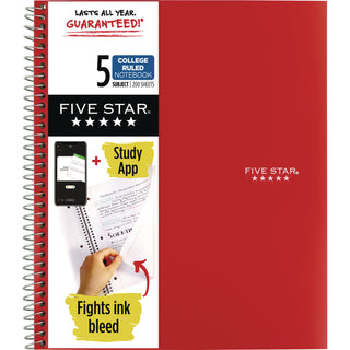 Five Star® Wirebound Notebook, 5 Subjects, College Rule, Assorted Color Covers, 11 x 8.5, 200 Sheets (MEA06208)