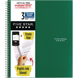 Five Star® Wirebound Notebook, 3 Subjects, College Rule, Assorted Color Covers, 11 x 8.5, 150 Sheets (MEA06210)