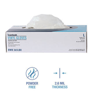 Boardwalk® General Purpose Vinyl Gloves, Powder/Latex-Free, 2.6 mil, Large, Clear, 100/Box (BWK365LBX)